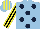 Silk - light blue, dark blue spots, black and yellow striped sleeves and cap