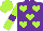 Silk - Dark purple, lime green imaginary stables and hearts, dark purple band on lime green sleeves, lime green cap