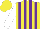 Silk - Yellow, green and purple stripes, white sleeves, yellow cap