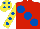 Silk - Red, large royal blue spots, yellow sleeves, royal blue spots, yellow cap, royal blue spots