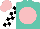 Silk - Turquoise, pink disc, black and white blocks on sleeves, pink cap