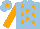 Silk - light blue, orange stars, orange arms, light blue cap, orange star