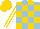 Silk - Light blue and gold blocks, white stripes on gold sleeves, gold cap