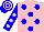 Silk - pink, blue spots, blue sleeves, pink spots, blue cap, pink hoops