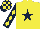 Silk - yellow, dark blue star, dark blue sleeves, yellow diamonds, dark blue cap, yellow checks