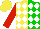 Silk - Yellow and green halves,white diamonds, red sleeves