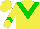 Silk - Yellow body, green chevron, yellow arms, green chevron, yellow cap, green striped