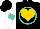 Silk - Black, red, black and gold heart and horse emblem in turquoise circled frame, turquoise band on white sleeves, black cap