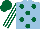 Silk - Light blue, dark green spots, white and dark green striped sleeves,dark green cap