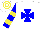Silk - White,blue maltese cross, blue and yellow hooped sleeves and cap