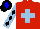 Silk - Red, light blue cross, light blue and black diamonds on sleeves, black cap, blue diamond
