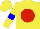 Silk - Yellow, blue and red yin/yang on red ball,blue band on sleeves