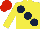 Silk - Yellow, large dark blue spots, yellow sleeves, red cap