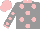 Silk - Grey, pink circles, pink spots on grey sleeves, pink collar and cuffs, pink cap