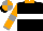 Silk - Black, white hoop, orange sleeves and collar, grey armlets, grey cuffs, grey and orange quartered cap, black peak