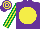 Silk - Purple, yellow disc, yellow and emerald green striped sleeves, purple and yellow hooped cap