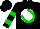Silk - Black, white ball with green horseshoe, black sleeves, green hoops