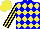 Silk - Blue, yellow diamonds, yellow and black stripes on sleeves, yellow cap