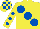 Silk - Yellow, large royal blue spots, royal blue spots on sleeves, check cap