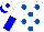 Silk - White, royal blue dots, white and blue halved sleeves, white cap, blue visor and pompon