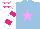 Silk - Light blue,lilac star,white and cerise hooped sleeves,white cap,cerise stars