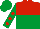 Silk - Red and emerald green halved horizontally, emerald green sleeves, red spots, emerald green cap