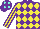 Silk - Purple and yellow diamonds, yellow and purple striped sleeves, purple cap, aquamarine diamonds