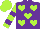 Silk - purple, lime green hearts, purple hoops on lime green sleeves, lime green cap