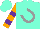 Silk - Aqua, grey horseshoe and 'lazy r farm', purple bars on orange sleeves, aqua cap