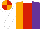 Silk - Orange and purple halved, red stripe, white collar and sleeves, orange and red quartered cap, white peak