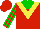 Silk - Red, green yoke, yellow chevron, yellow and green stripes on red sleeves