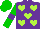 Silk - purple, lime hearts, purple hoop on green sleeves, green cap