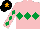 Silk - PINK, EMERALD GREEN triple diamond, diamonds on sleeves, BLACK cap, ORANGE star