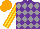 Silk - Purple and grey diamonds, yellow and orange striped sleeves, orange cap