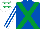 Silk - Royal blue, emerald green cross belts, royal blue and white striped sleeves, white cap, emerald green stars