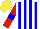 Silk - White, blue stripes, red sleeves with blue armbands, yellow cap