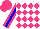 Silk - White, hot pink diamonds, sleeves with blue stripe, hot pink cap