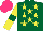 Silk - Dark green, yellow stars, sleeves with dark green armbands, hot pink cap