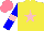 Silk - Yellow, pink star, blue sleeves with pink armbands, salmon cap