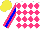 Silk - White, hot pink diamonds, sleeves with blue stripe, yellow cap