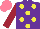 Silk - Purple, yellow spots, maroon sleeves, salmon cap