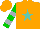 Silk - Orange, turquoise star, silver bars on green sleeves