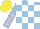 Silk - Light blue, white checks, pink stars on light blue sleeves, yellow cap