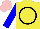 Silk - Yellow, black circle, blue sleeves, pink cap