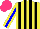 Silk - Yellow, black stripes, yellow sleeves with blue stripe, hot pink cap