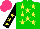 Silk - Green, yellow stars, black sleeves on yellow stars, hot pink cap