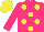 Silk - hot pink, yellow spots, hot pink sleeves,  yellow cap