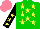 Silk - Green, yellow stars, black sleeves on yellow stars, salmon cap