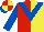 Silk - red, yellow halved, royal blue chevron, royal blue sleeves, red and yellow quartered cap, royal blue peak