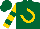Silk - Forest green, white and gold emblem in horseshoe, forest green bars on gold sleeves, forest green cap